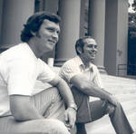 Pat Curran and Bob Pomeroy on the steps of Memorial Hall, Chapman College, Orange, California