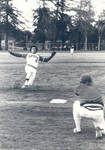 1975 Chapman College Panthers baseball team member sliding into base, Orange, California