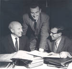 Basketball coach Don Perkins stands between Professors James W. Utter and Bert C. Williams, Chapman College, Orange, California