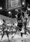 Basketball game in Chapman College gym, Orange, California, 1984