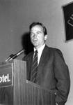 Peter Ueberroth, keynote speaker, 1984 Hall of Fame banquet, Chapman College, Orange, California