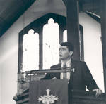 Christian Church member at pulpit; Chapman College Chapel, Orange, California