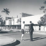 Richard Arberg observing library construction, Chapman College, Orange, 1966